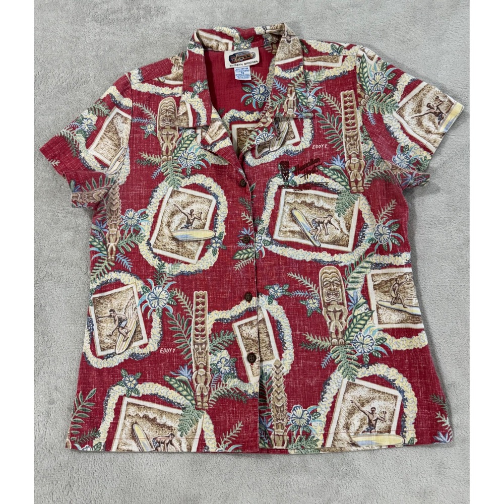 VTG Reyn Spooner Art of Eddy Y Hawaiian Shirt Red Tiki Surfer Aloha Top Womens M